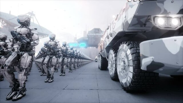 invasion of military robots. Dramatic apocalypse super realistic concept. Future. 4k animation.