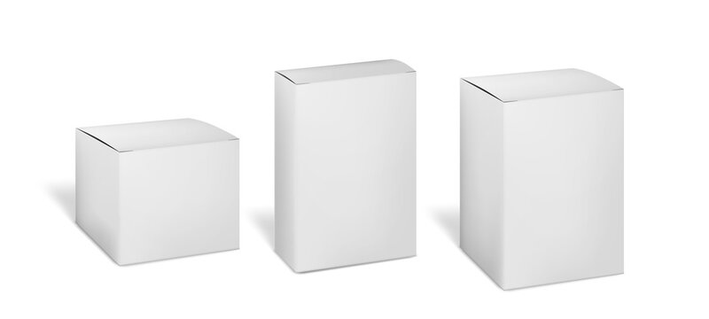 Blank white cardboard packaging boxes, vector mockup. Paperboard box set, realistic mock-up for design