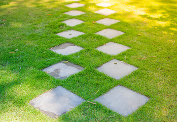 Stone Tiles Walkway Path on Fresh Cut Green Lawn. Top View. Texture