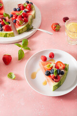 watermelon pizza slices with yogurt and berries, summer dessert