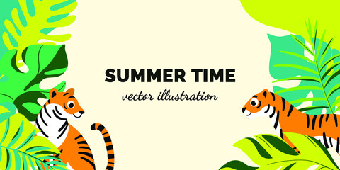 Horizontal tropical banner with tiger and tropical leaves.
Vector background with text space. 
