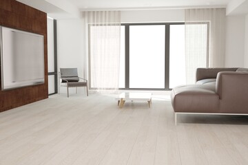 modern relax room with tv set,sofa and curtains interior design. 3D illustration