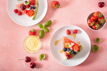 watermelon pizza slices with yogurt and berries, summer dessert