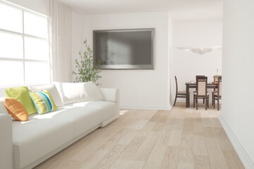 Fototapeta na wymiar modern room with sofa,pillows,tv set,dinner table and curtains interior design. 3D illustration