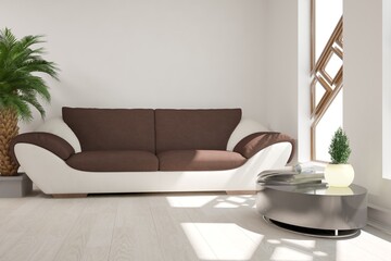 modern room with sofa,table,lamp,magazines and palm in pot interior design. 3D illustration