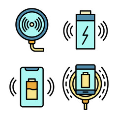 Wireless charger icons set. Outline set of wireless charger vector icons thin line color flat on white
