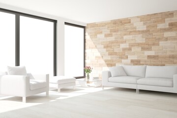 Fototapeta na wymiar modern room with white sofa,armchairs,bench and table interior design. 3D illustration