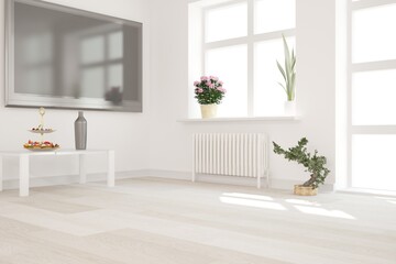 Fototapeta na wymiar modern room with tv set,plants and table interior design. 3D illustration