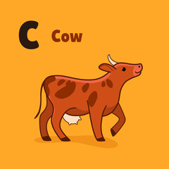 Cartoon cow, cute character for children. Vector illustration in cartoon style for abc book, poster, postcard. Animal alphabet - letter C.
