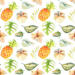 Seamless pattern of watercolor pineapple and tropical flowers and leaves, hand painted isolated illustration on white background