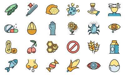 Food allergy icons set. Outline set of food allergy vector icons thin line color flat on white