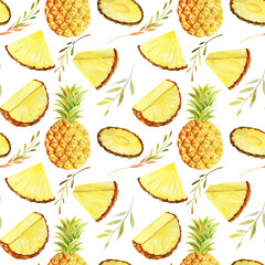 Seamless pattern of watercolor sliced pineapple, hand painted isolated illustration on white background