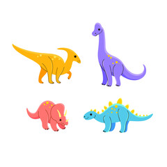 Cartoon animal characters. Set of dinosaurs - ceratops, parasaurolophus, brachiosaurus,  stegosaurus.