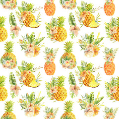 Seamless pattern of floral pineapples and compositions of tropical flowers and fruits, hand painted illustration on white background