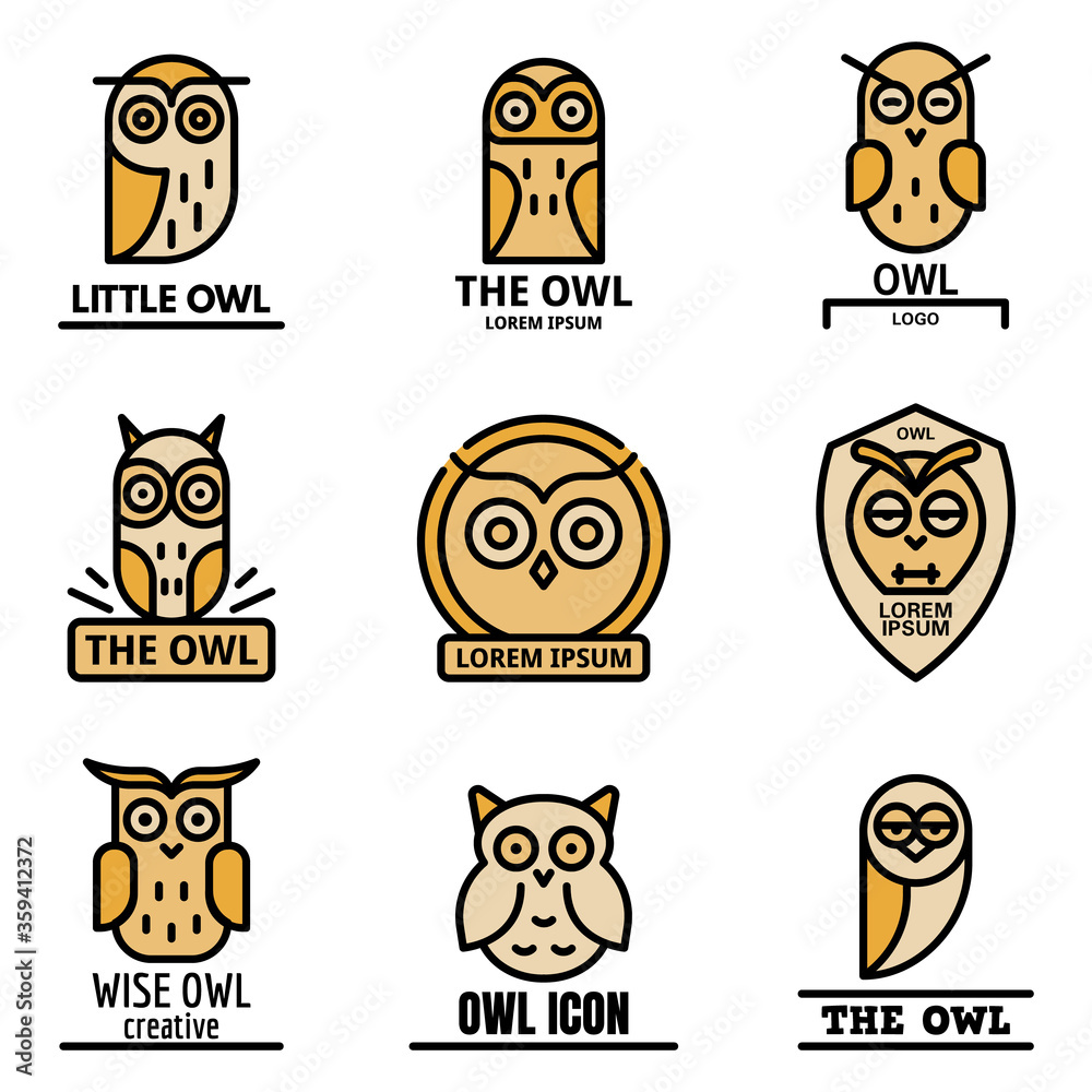 Sticker Owl logo set. Outline set of owl vector logo thin line color flat on white