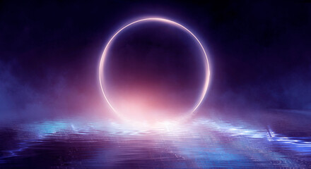 Dark street, room, wet asphalt, puddles, neon light. Reflection of neon light in the water. Night view of the dramatic city, smoke, smog, fog, shadow. Neon lights of the night city.