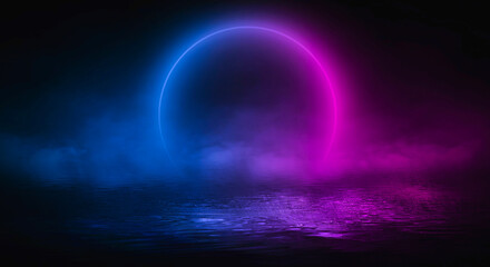 Dark street, room, wet asphalt, puddles, neon light. Reflection of neon light in the water. Night view of the dramatic city, smoke, smog, fog, shadow. Neon lights of the night city.