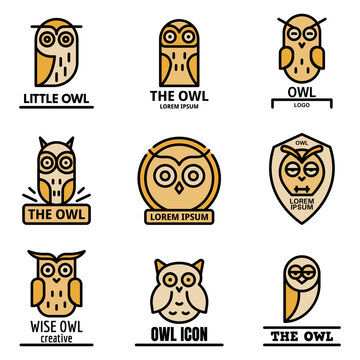 Owl logo set. Outline set of owl vector logo thin line color flat on white
