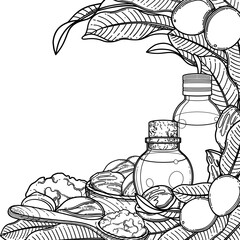 Graphic oil bottles surrounded by shea plants and butter.