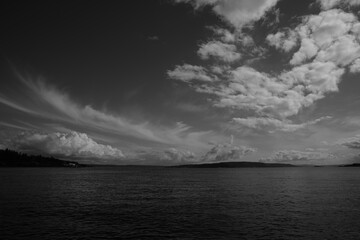 Black and white photo of the Oslofjord. A fjord in Norway.