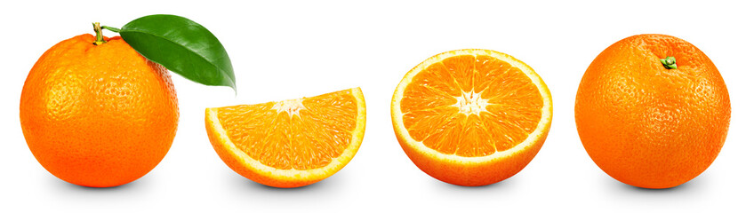 Orange Clipping Path. Ripe whole orange fruit with green leaf and slice isolated on white...