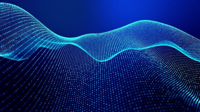 4k looped abstract background of glow particles form lines, surfaces as futuristic landscape in cyberspace or hologram. Sci-fi theme of microworld, nanotechnology or cosmic space. Blue 17