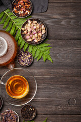 Various herbal tea, teapot and cup