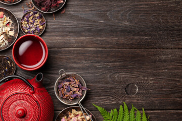 Various herbal tea, teapot and cup