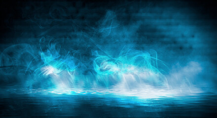 Dark street, room, wet asphalt, puddles, neon light. Reflection of neon light in the water. Night view of the dramatic city, smoke, smog, fog, shadow. Neon lights of the night city.