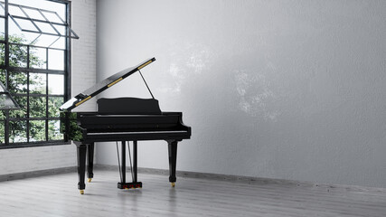 Black grand piano near white wall in empty room. 3d rendering