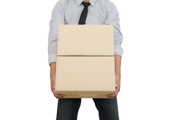 Asian young man lifting large and heavy boxes on a white background