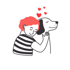 Boy and dog friendship. Young man cozy hugging cute dog with care and love, sketch acting loving between man and puppy isolated on white background, vector illustration