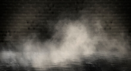 Dark street, room, wet asphalt, puddles, neon light. Reflection of neon light in the water. Night view of the dramatic city, smoke, smog, fog, shadow. Neon lights of the night city.