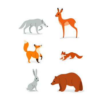 Icon set of forest animals - wolf, marten, fox, hare, bear, fawn. Flat design illustration in cartoon style.