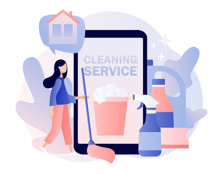Cleaning service online. Tiny woman cleans house. App for service orders professional hygiene service for domestic households. Modern flat cartoon style. Vector illustration on white background
