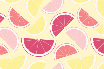 Light citrus vector seamless pattern in pastel mood. Orange, lemon, lime, grapefruit and pomelo slice elements.Summer fruit illustration for print design, wallpaper, fabric, background, menu.