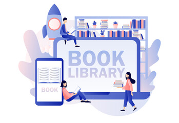 Book library online. Literature fans, E-book, media library, learning online, reading app. Tiny people reading books. Modern flat cartoon style. Vector illustration on white background