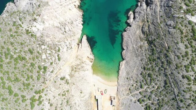 Croatia, Adriatic sea coastline, lone secret beaches near Vrsi, among stone cliffs