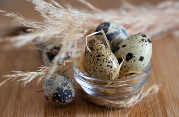 
quail eggs on a light beige background on a wooden board