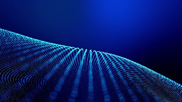 4k looped abstract background of glow particles form lines, surfaces as futuristic landscape in cyberspace or hologram. Sci-fi theme of microworld, nanotechnology or cosmic space. Blue strings 3