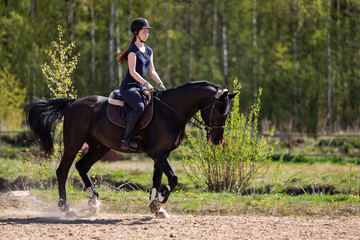 Beautiful girl riding a horse on manege