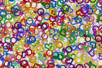 seamless pattern of lgbt symbols chaotic order,  lgbt flag colors, editable vector illustration