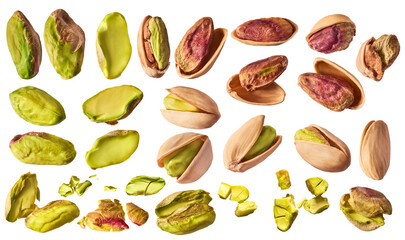 A set with Fresh raw Pistachios isolated on white background.