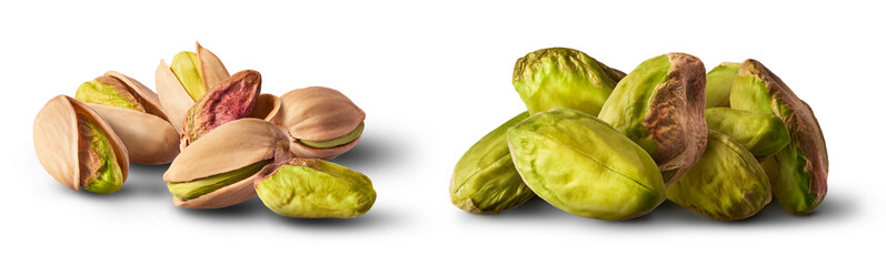 A set with Fresh raw Pistachios isolated on white background. High resolution