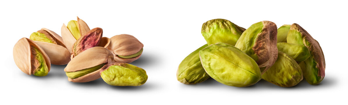 A set with Fresh raw Pistachios isolated on white background. High resolution