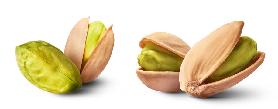 A set with Fresh raw Pistachios isolated on white background. High resolution