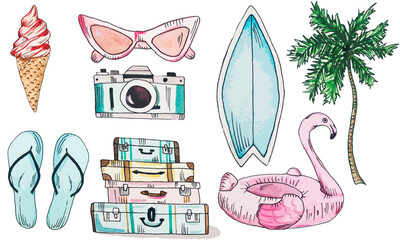 watercolor summer objects on a white background