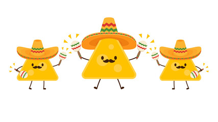 Nacho in Mexican hat. Nacho character design. Nachos on white background. Mexican hat.