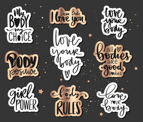 Body positive, feminism sticker collection. Love your body, girl power, my body my rules - activists slogan.