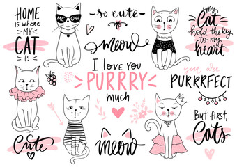 Doodle Cats illustration and kitten quotes, meow lettering. Cute vector set with funny hipster pets, fashion kitty phrases - 359416598
